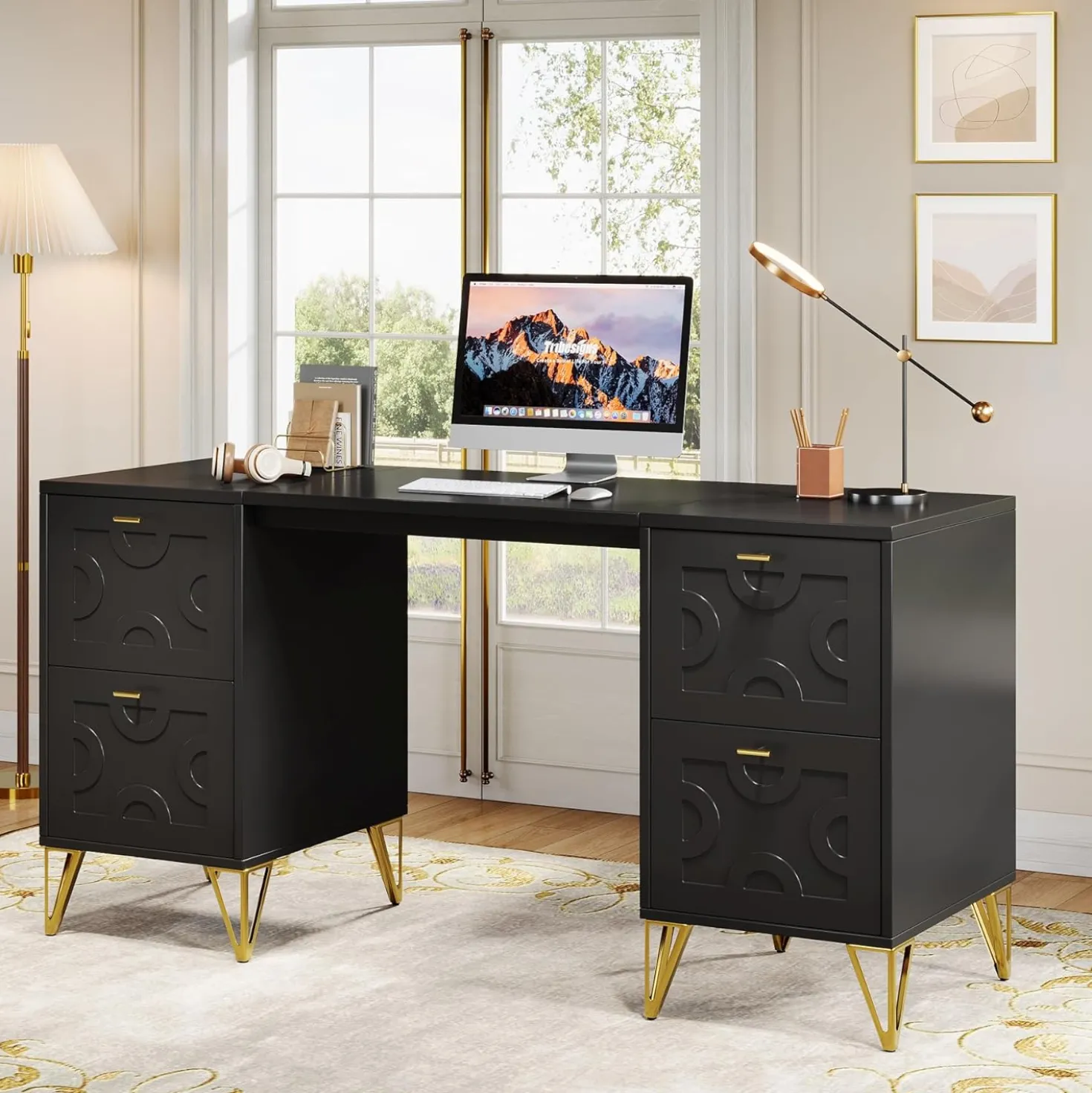 59" Computer Desk with File Drawers, Wood Executive Desk for Home Office