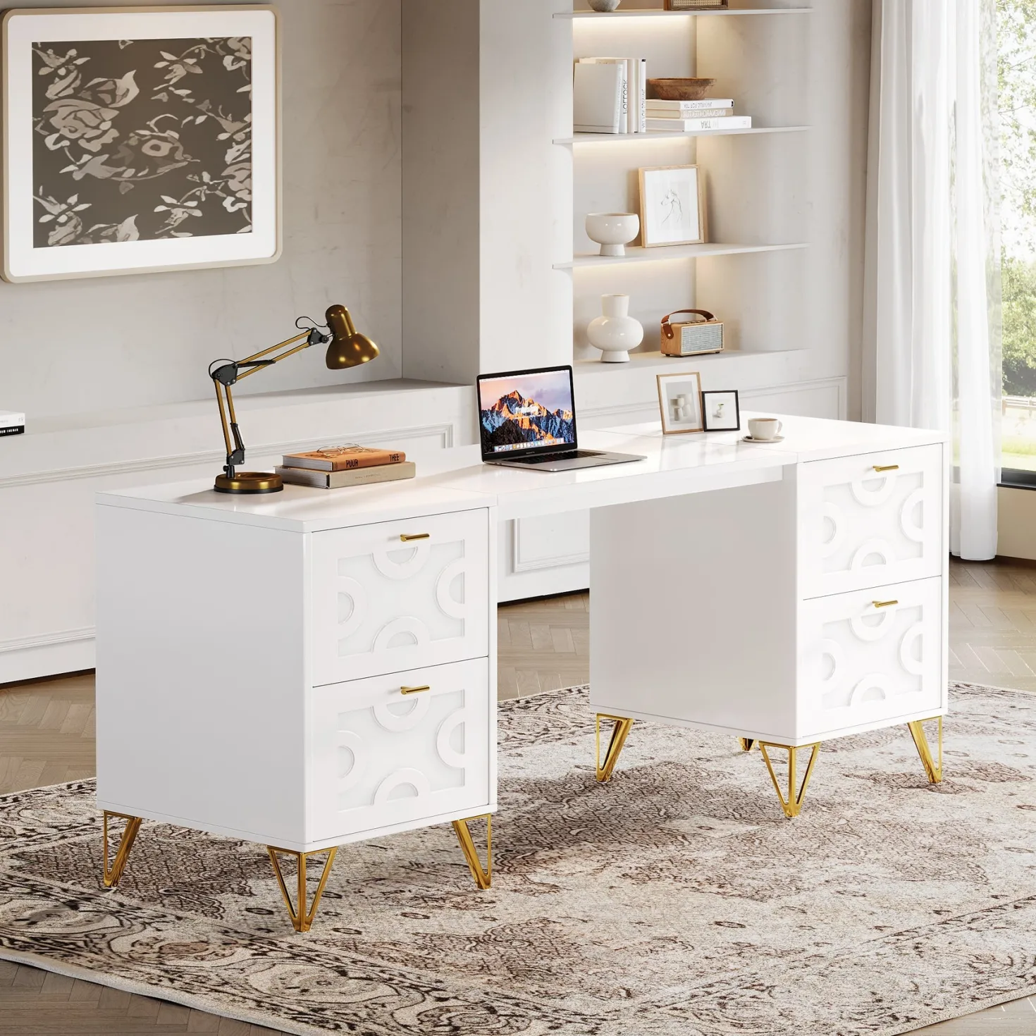 59" Computer Desk with File Drawers, Wood Executive Desk for Home Office