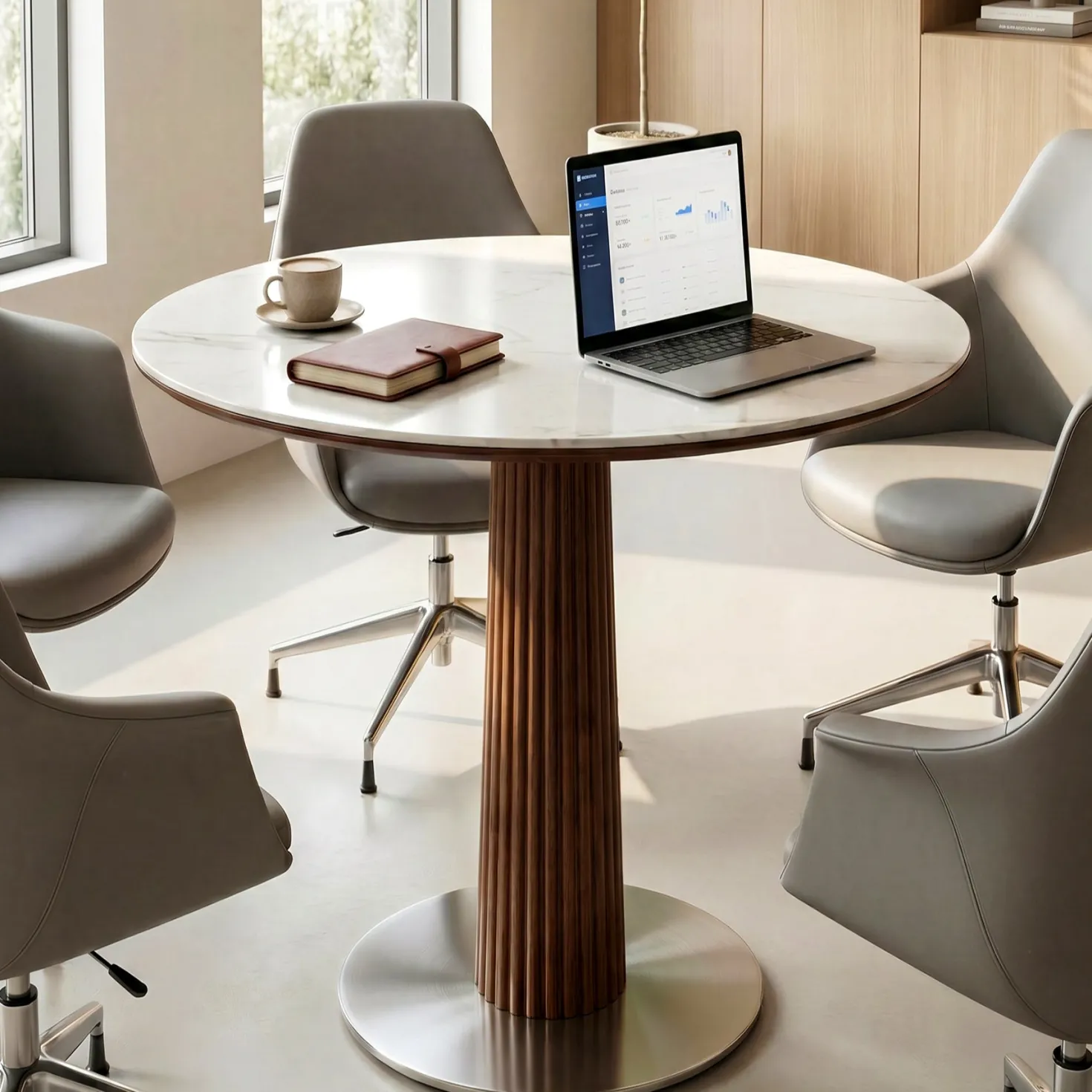 31.5" Conference Table for 2-4, Round Meeting Room Table with Sintered Stone Tabletop