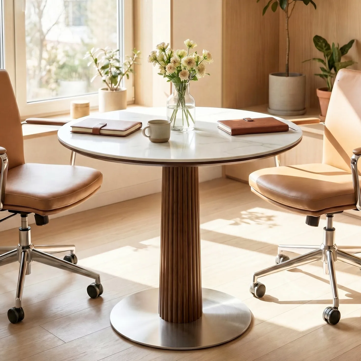 31.5" Conference Table for 2-4, Round Meeting Room Table with Sintered Stone Tabletop