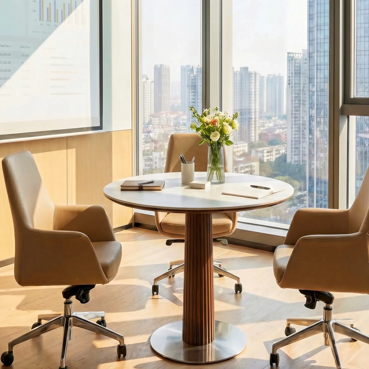 31.5" Conference Table for 2-4, Round Meeting Room Table with Sintered Stone Tabletop