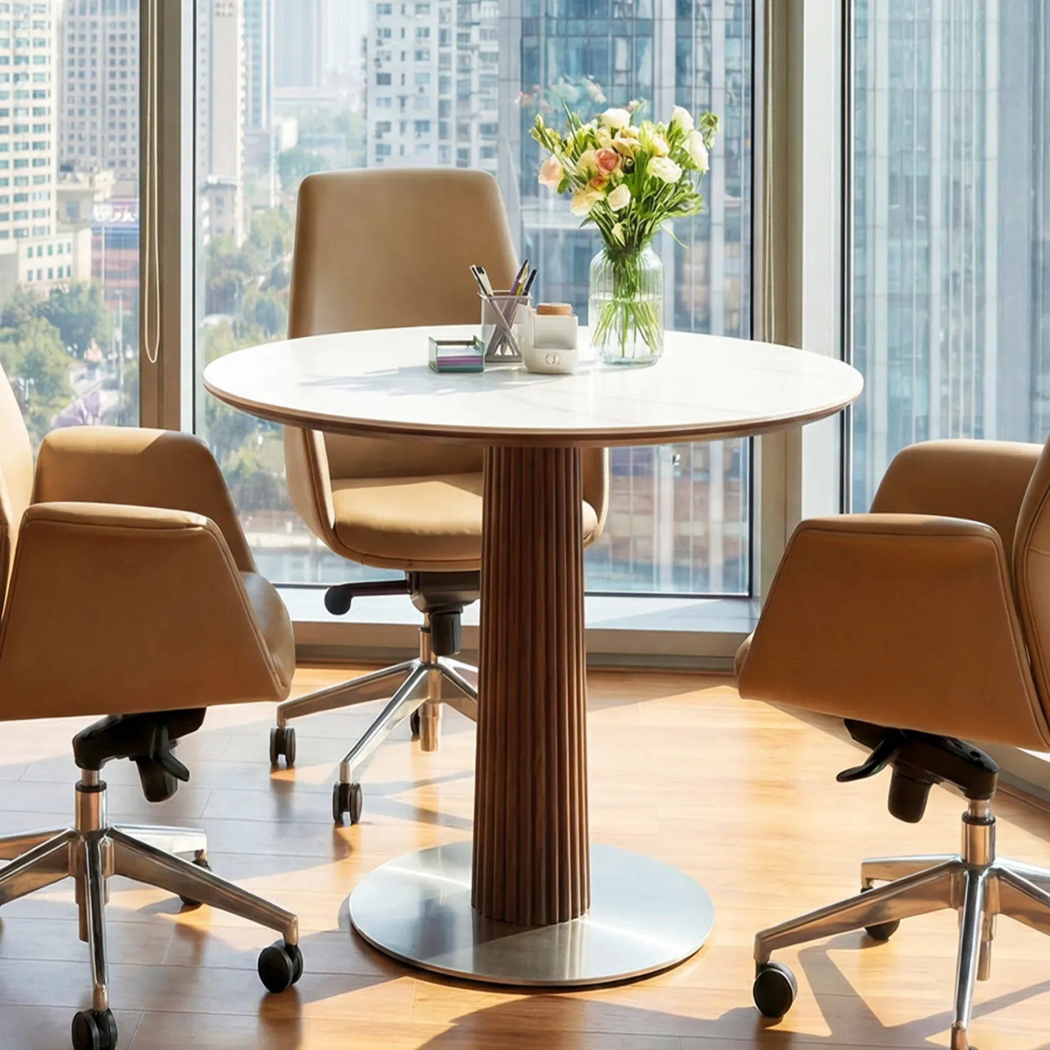 31.5" Conference Table for 2-4, Round Meeting Room Table with Sintered Stone Tabletop