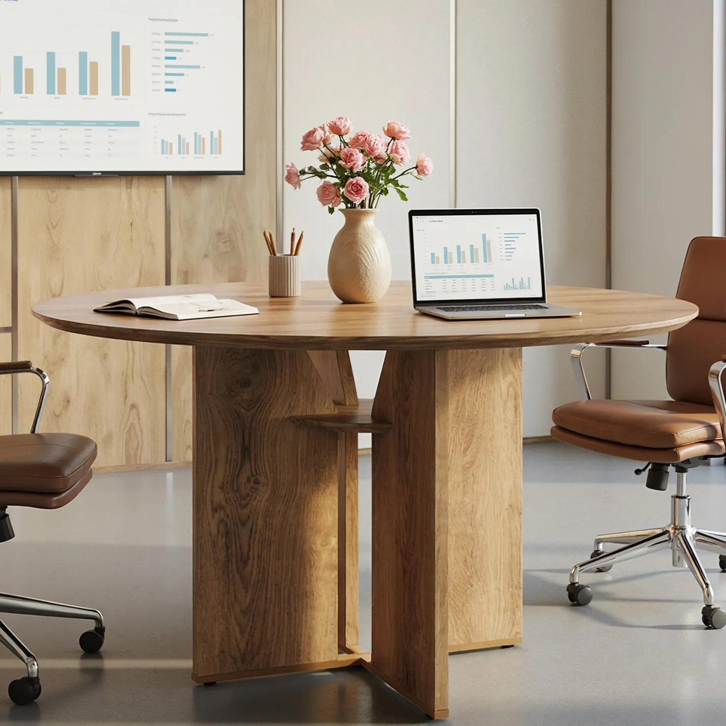 39.37" Conference Table for 4, Round Office Table with Lower Storage Shelf