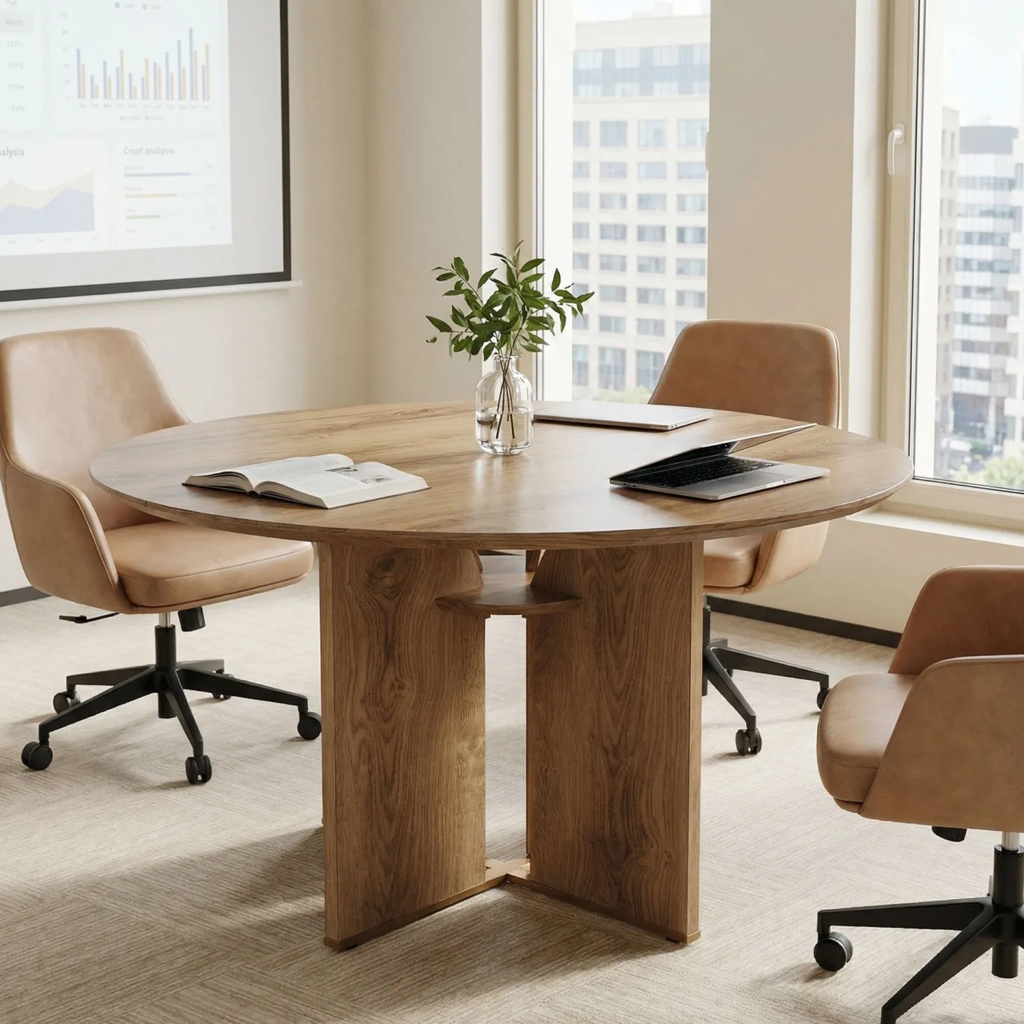 39.37" Conference Table for 4, Round Office Table with Lower Storage Shelf