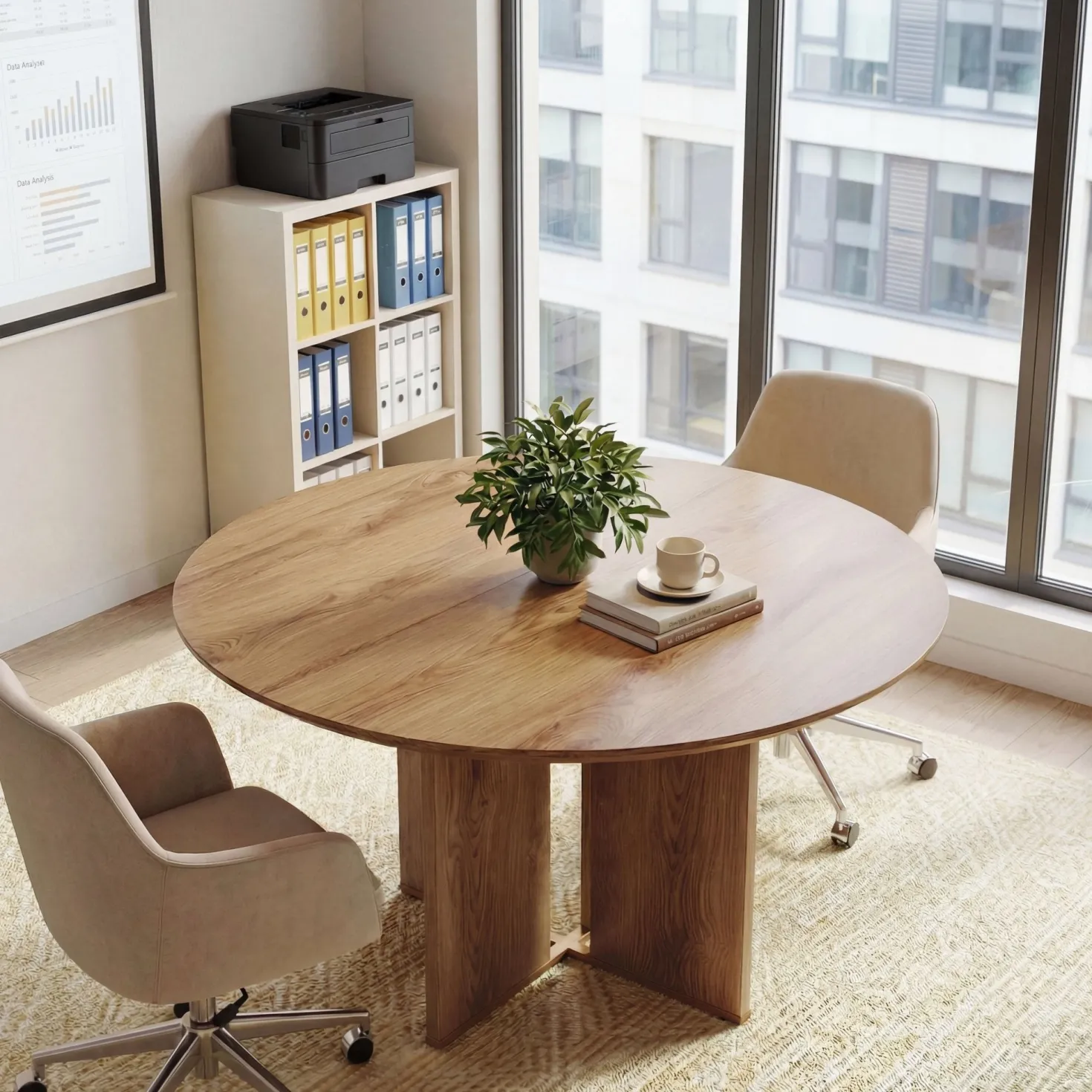 39.37" Conference Table for 4, Round Office Table with Lower Storage Shelf