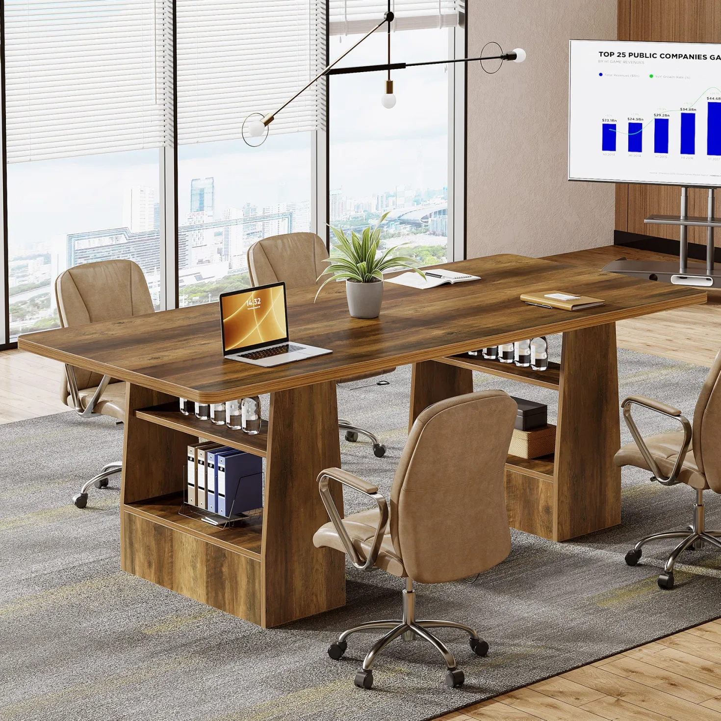 63" Conference Table, Rectangular Executive Meeting Table with 4-Tier Shelf