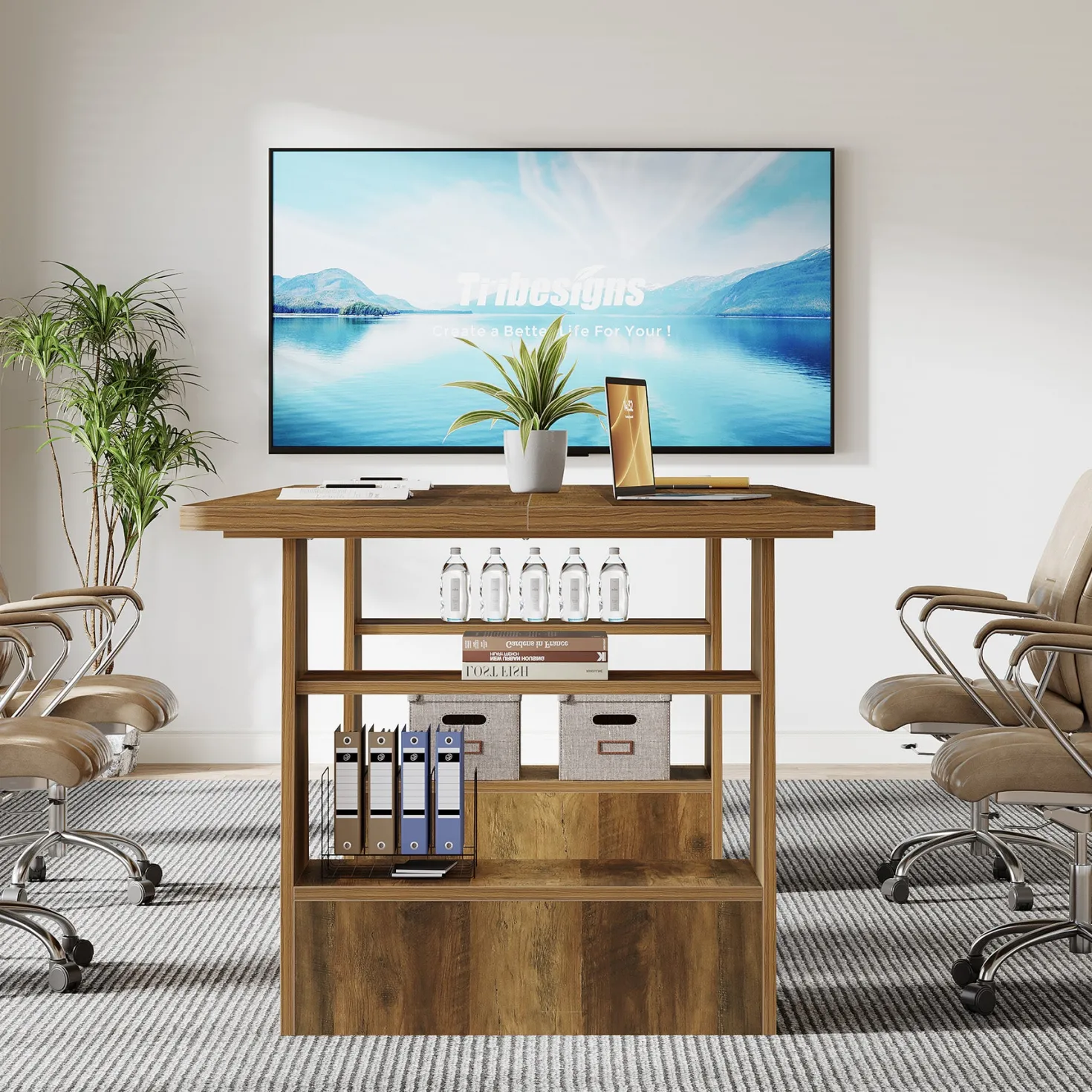 63" Conference Table, Rectangular Executive Meeting Table with 4-Tier Shelf