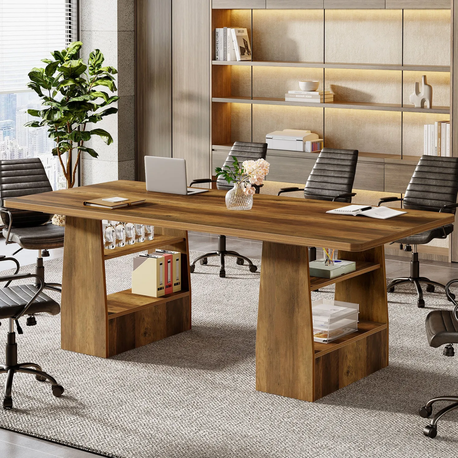 63" Conference Table, Rectangular Executive Meeting Table with 4-Tier Shelf