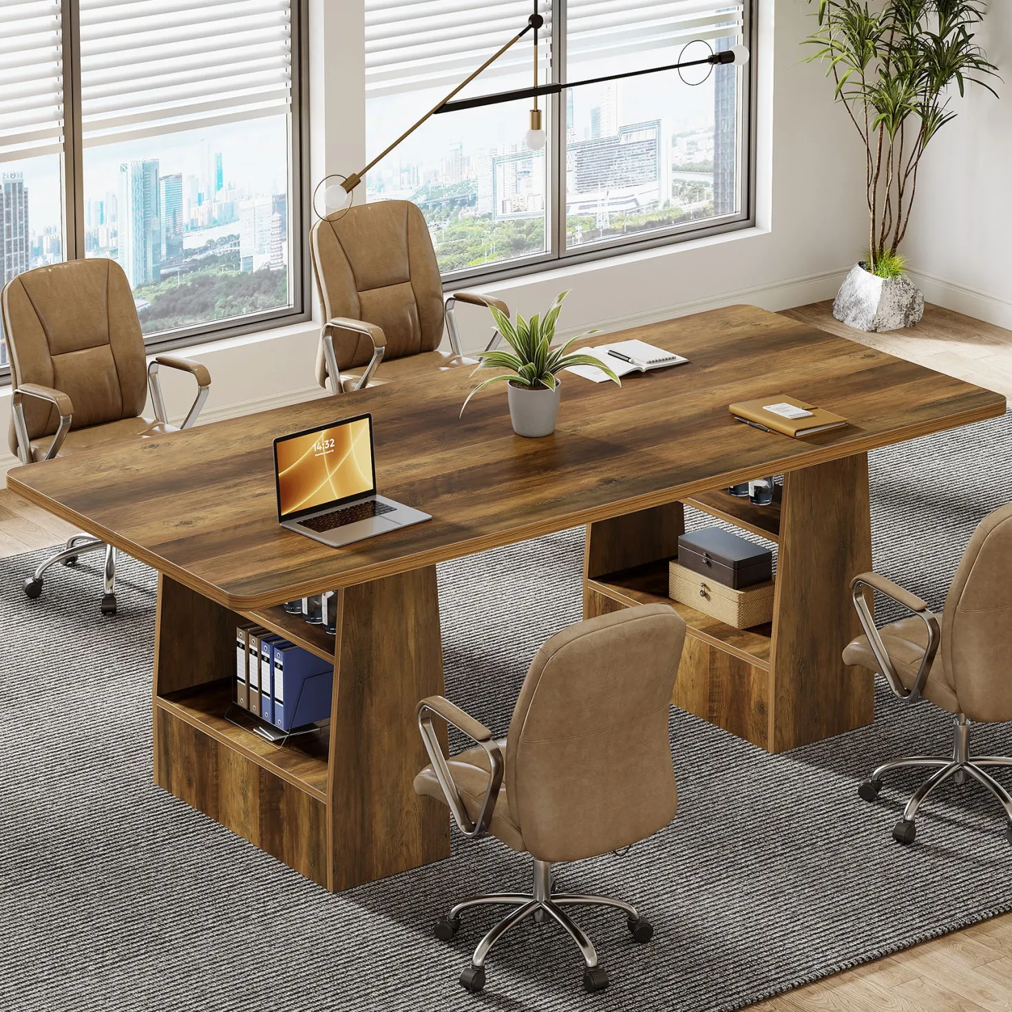 63" Conference Table, Rectangular Executive Meeting Table with 4-Tier Shelf