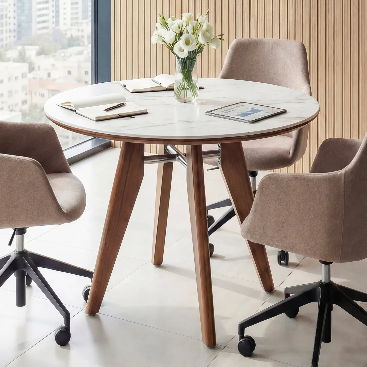 31" Conference Table, Solid Wood Meeting Room Table with Sintered Stone Tabletop