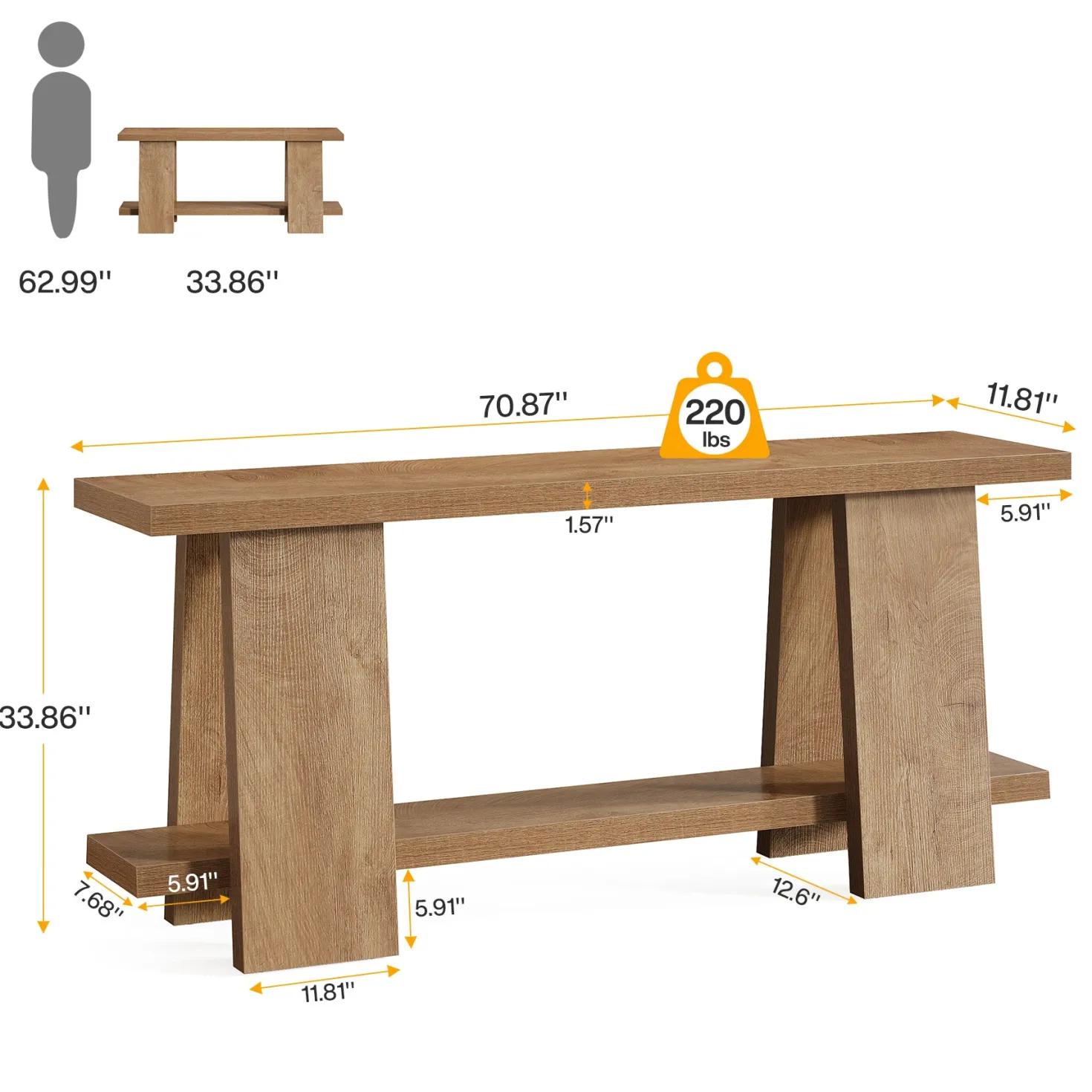 70.9" Console Table , 2-Tier Farmhouse Sofa Entryway Table for Living Room