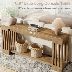 70.9" Console Table, Farmhouse 2-Tier Sofa Table with Vertical Stripe Legs