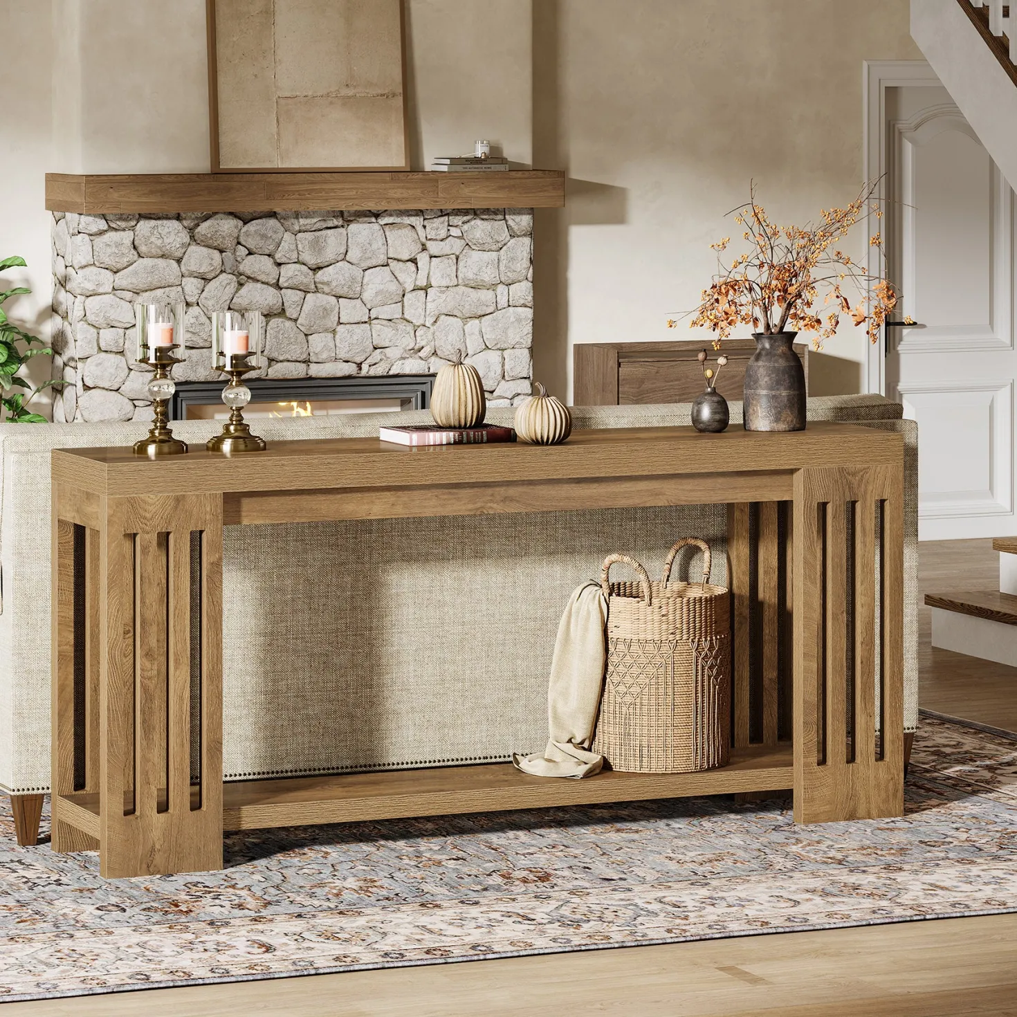 70.9" Console Table, Farmhouse 2-Tier Sofa Table with Vertical Stripe Legs