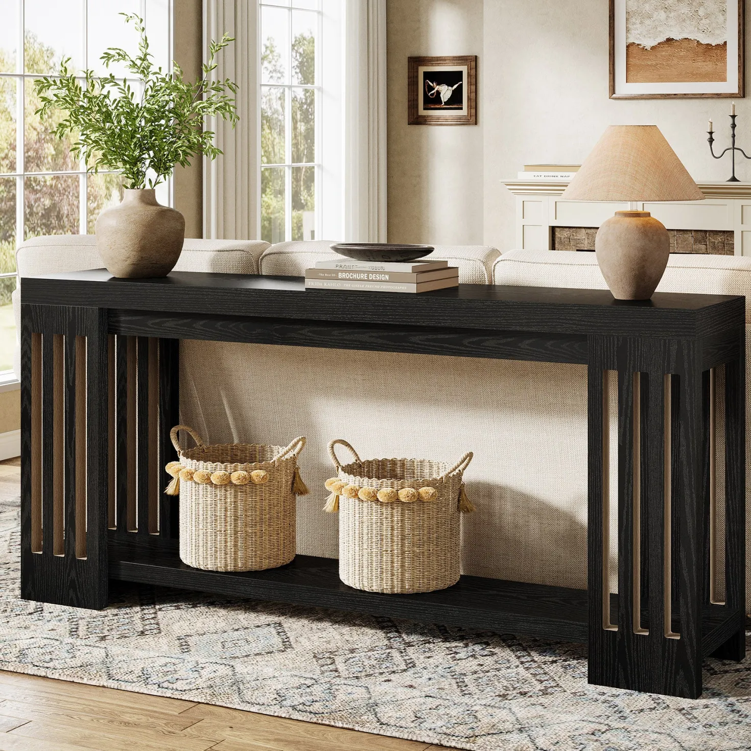 70.9" Console Table, Farmhouse 2-Tier Sofa Table with Vertical Stripe Legs