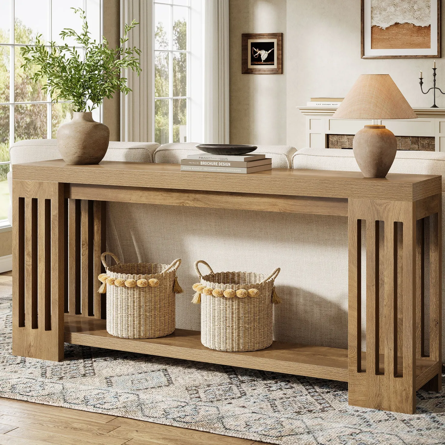 70.9" Console Table, Farmhouse 2-Tier Sofa Table with Vertical Stripe Legs