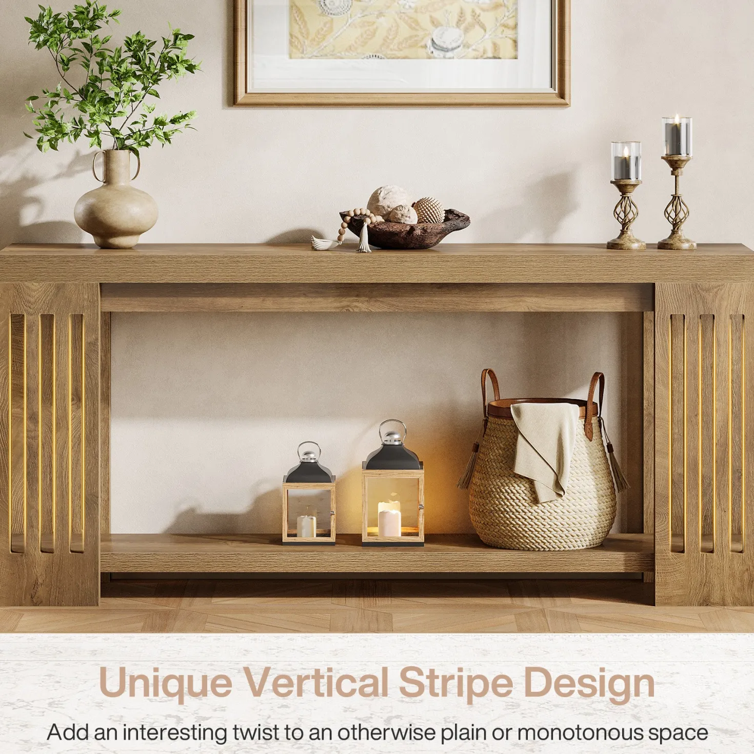 70.9" Console Table, Farmhouse 2-Tier Sofa Table with Vertical Stripe Legs