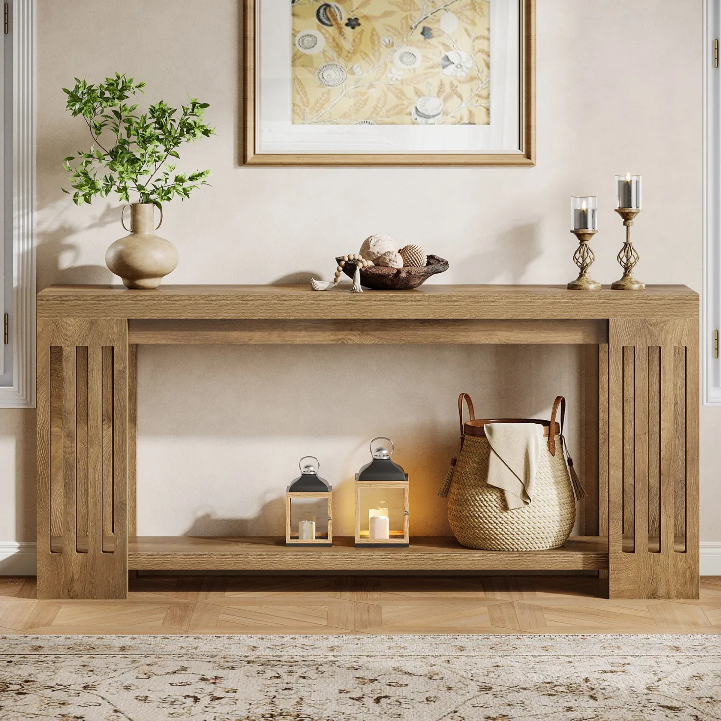 70.9" Console Table, Farmhouse 2-Tier Sofa Table with Vertical Stripe Legs