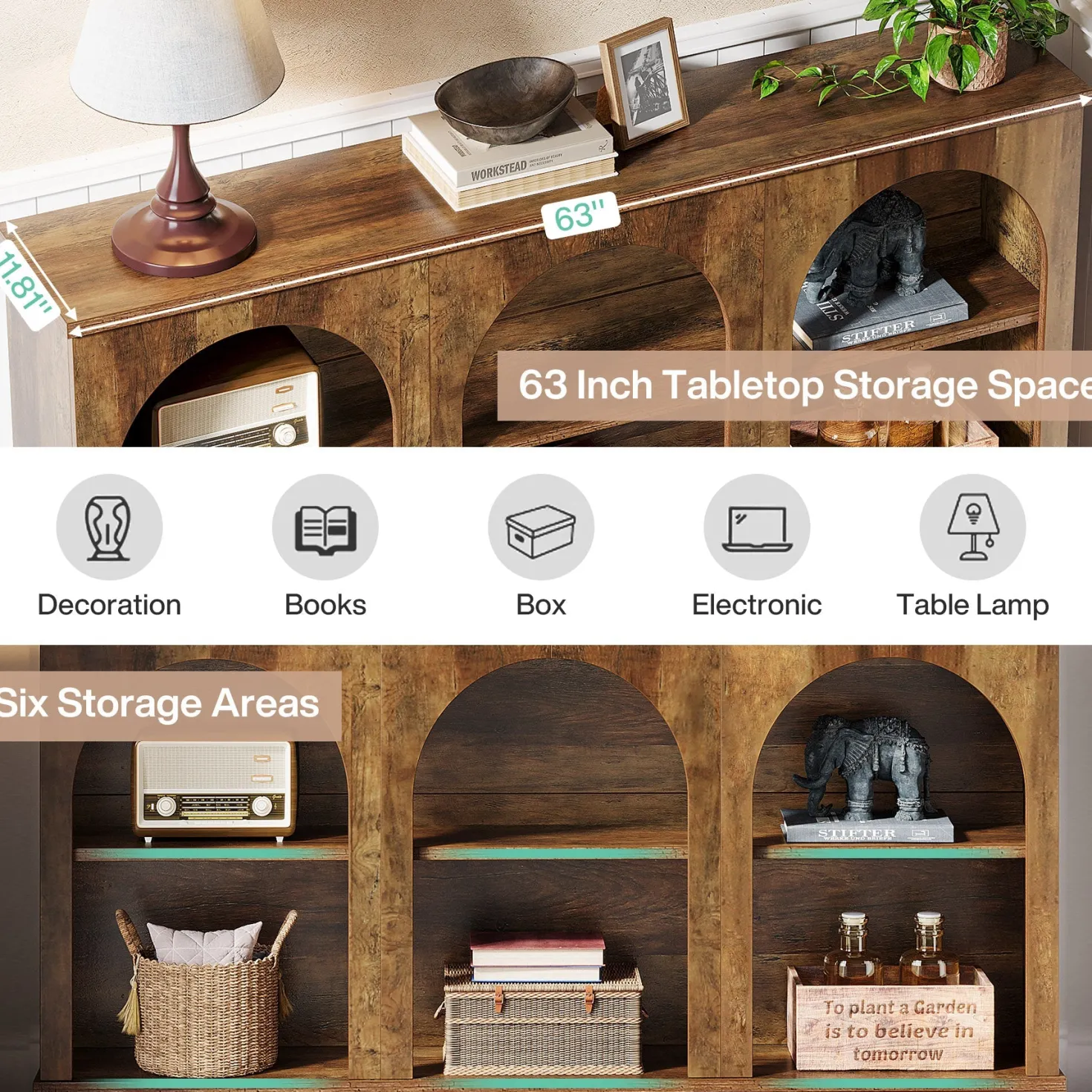 63" Console Table, Farmhouse Entryway Table with 3 Tier Storage