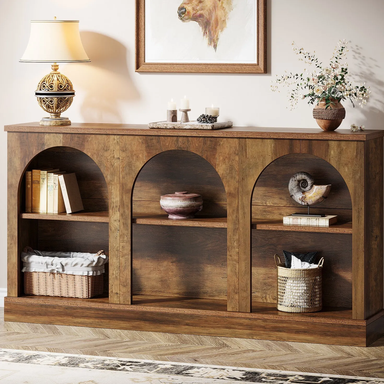 63" Console Table, Farmhouse Entryway Table with 3 Tier Storage