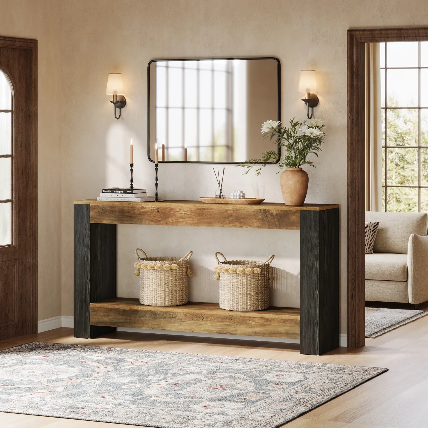63" Console Table, Farmhouse Wood Sofa Table Behind Couch