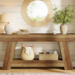 70.87" Console Table, Farmhouse 2-Tier Sofa Table with Open Storage Shelf