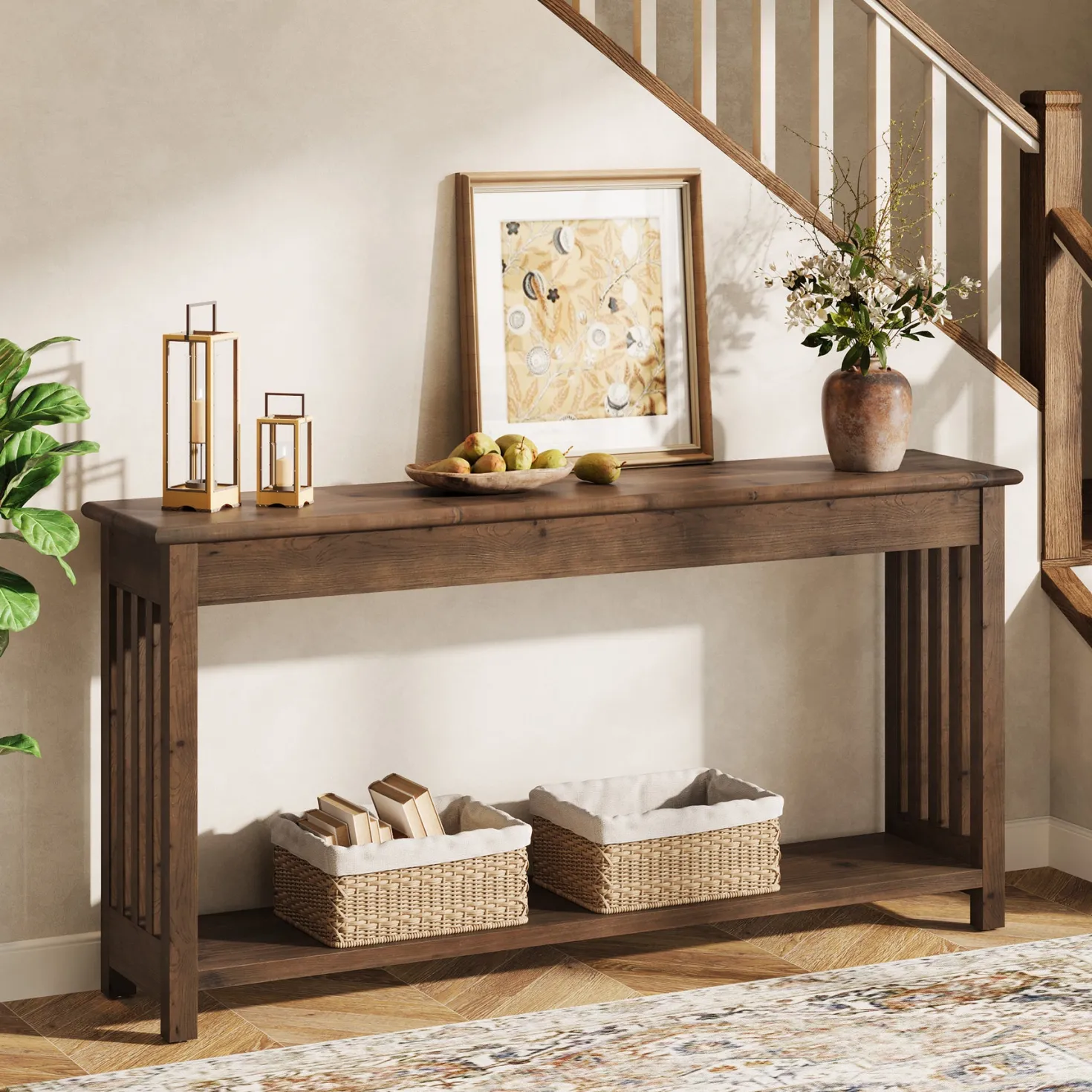 63" Console Table, Farmhouse Wood Entryway Sofa Table with 2-Tier Storage