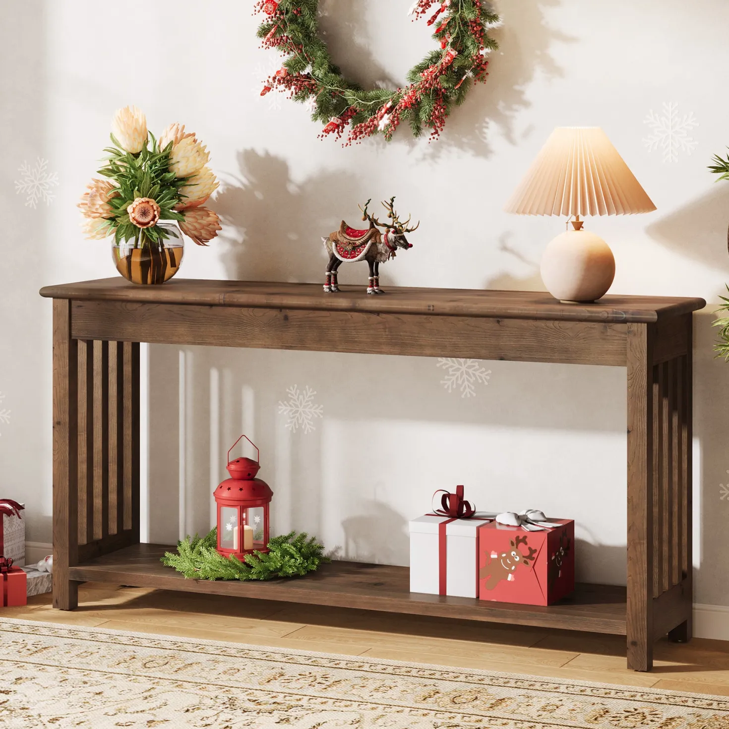 63" Console Table, Farmhouse Wood Entryway Sofa Table with 2-Tier Storage