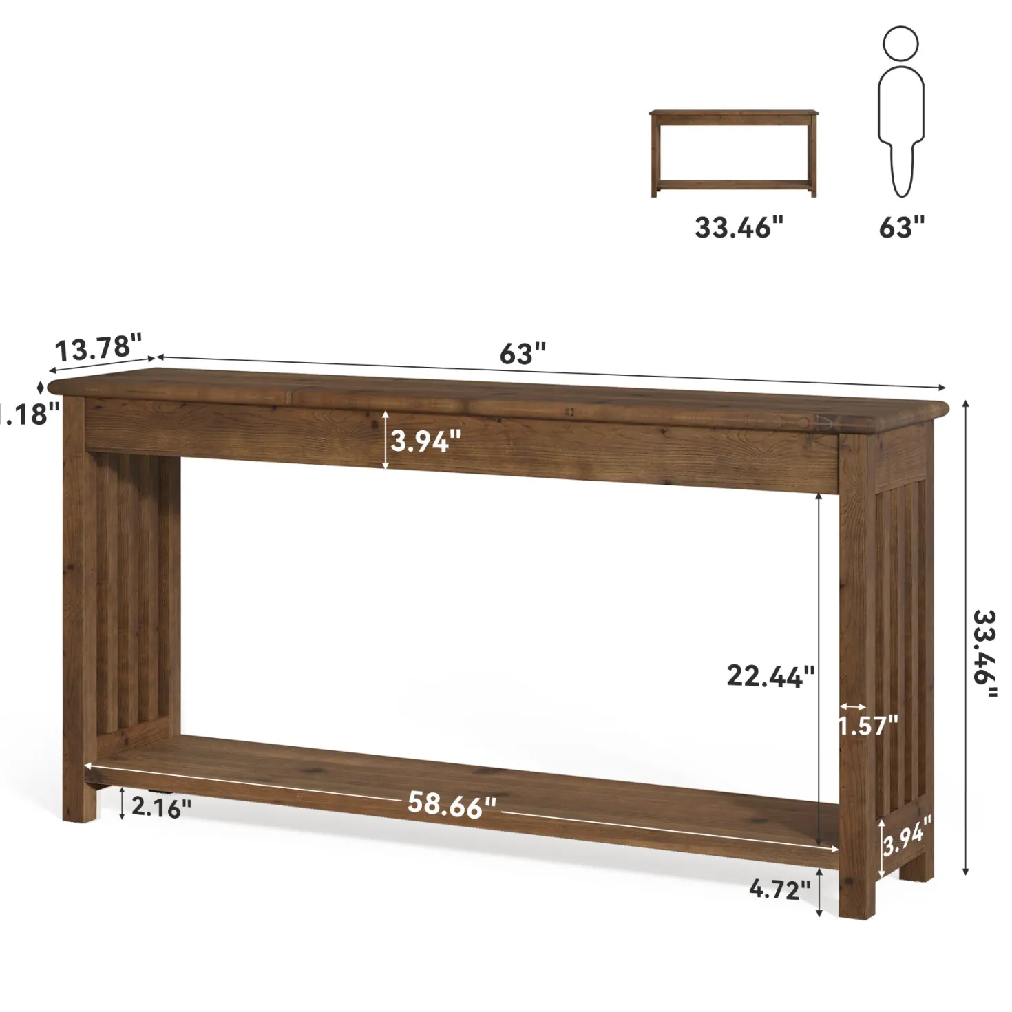 63" Console Table, Farmhouse Wood Entryway Sofa Table with 2-Tier Storage