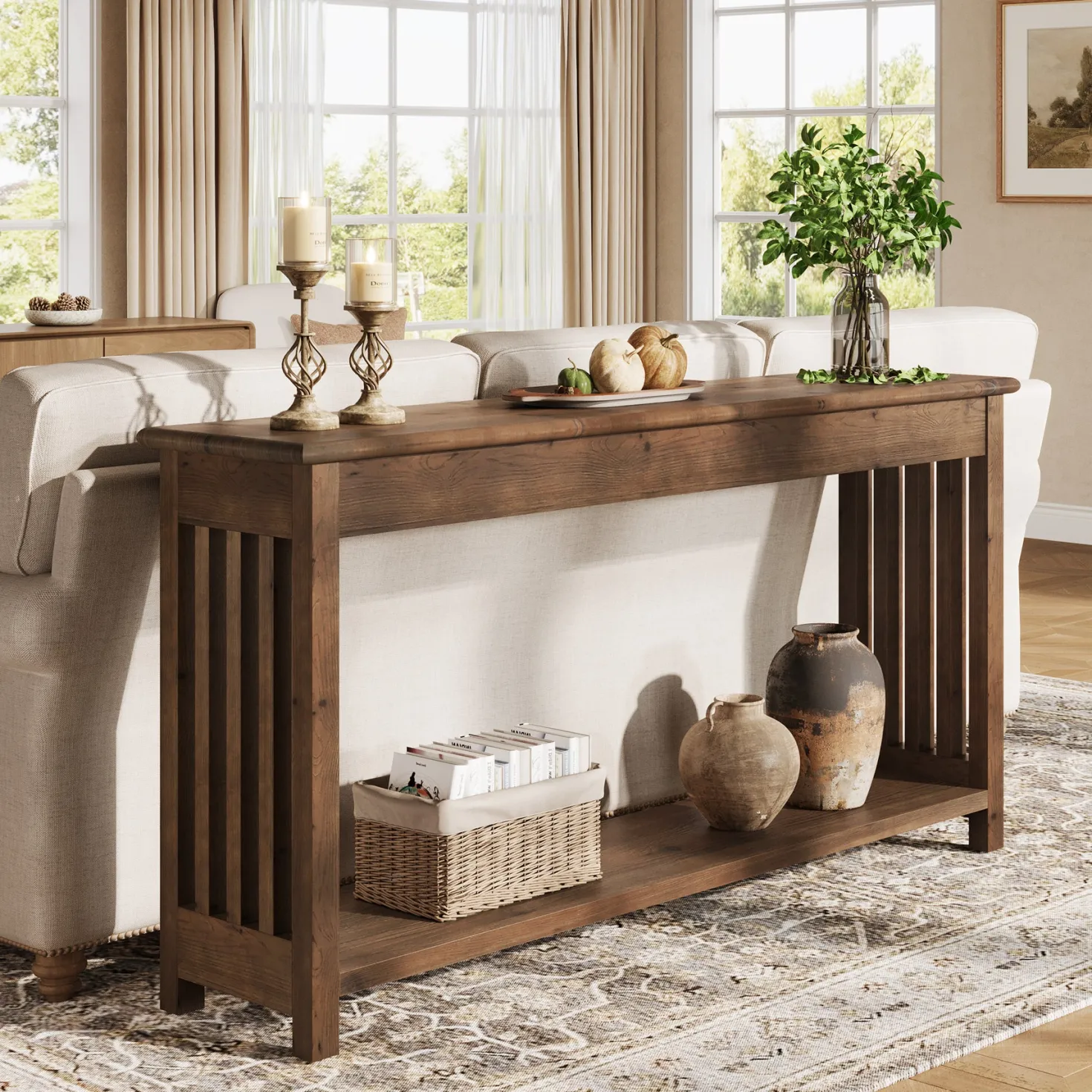 63" Console Table, Farmhouse Wood Entryway Sofa Table with 2-Tier Storage