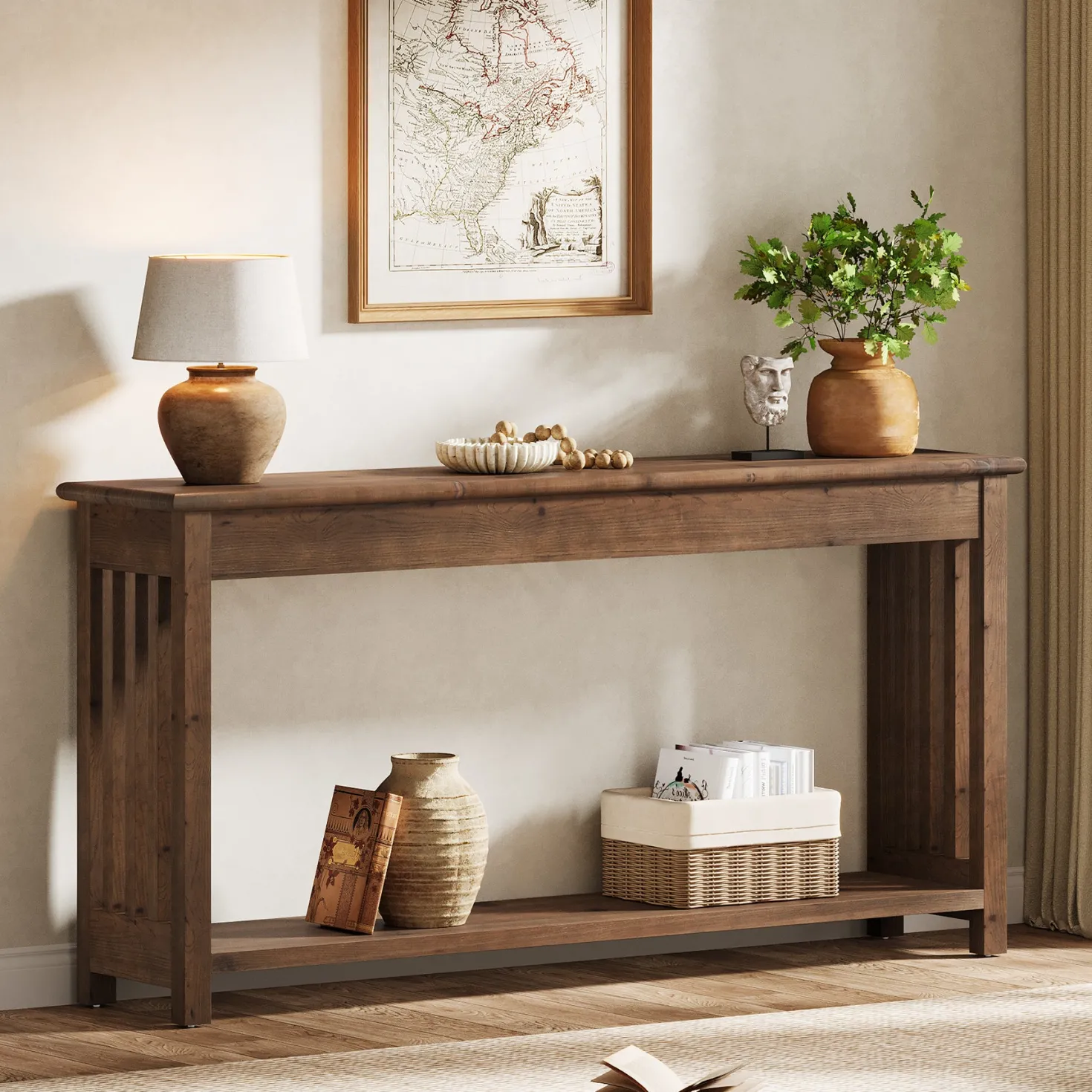 63" Console Table, Farmhouse Wood Entryway Sofa Table with 2-Tier Storage