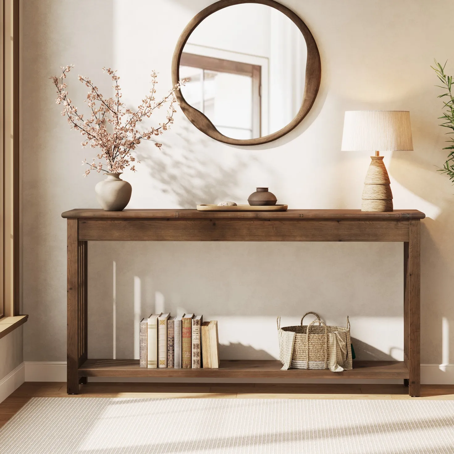 63" Console Table, Farmhouse Wood Entryway Sofa Table with 2-Tier Storage