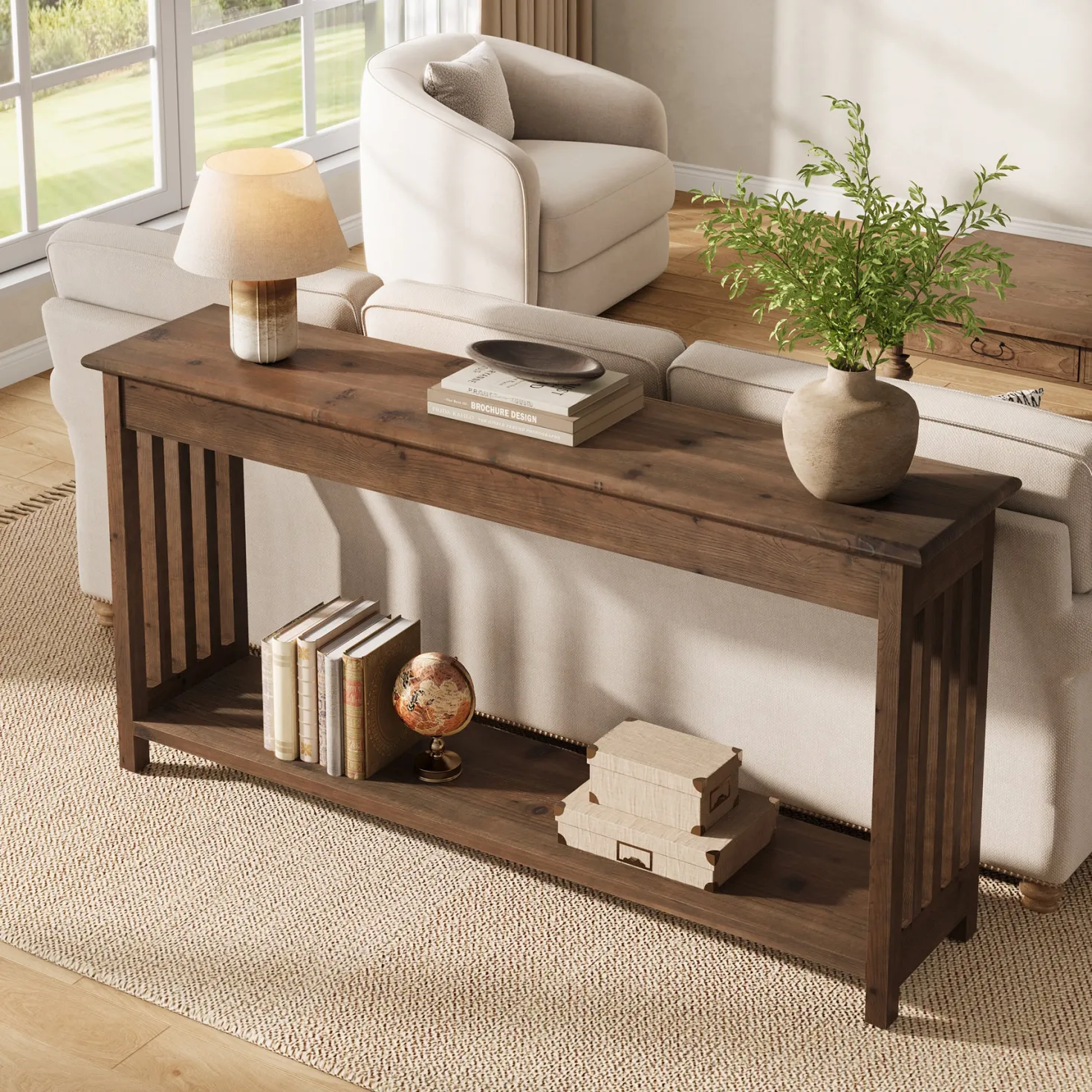 63" Console Table, Farmhouse Wood Entryway Sofa Table with 2-Tier Storage