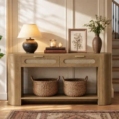 55" Console Table, Farmhouse Entryway Sofa Table With 2 Rattan Drawers & Shelf