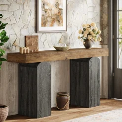 63" Console Table, Farmhouse Entryway Table with 2 Arched Pedestal Legs
