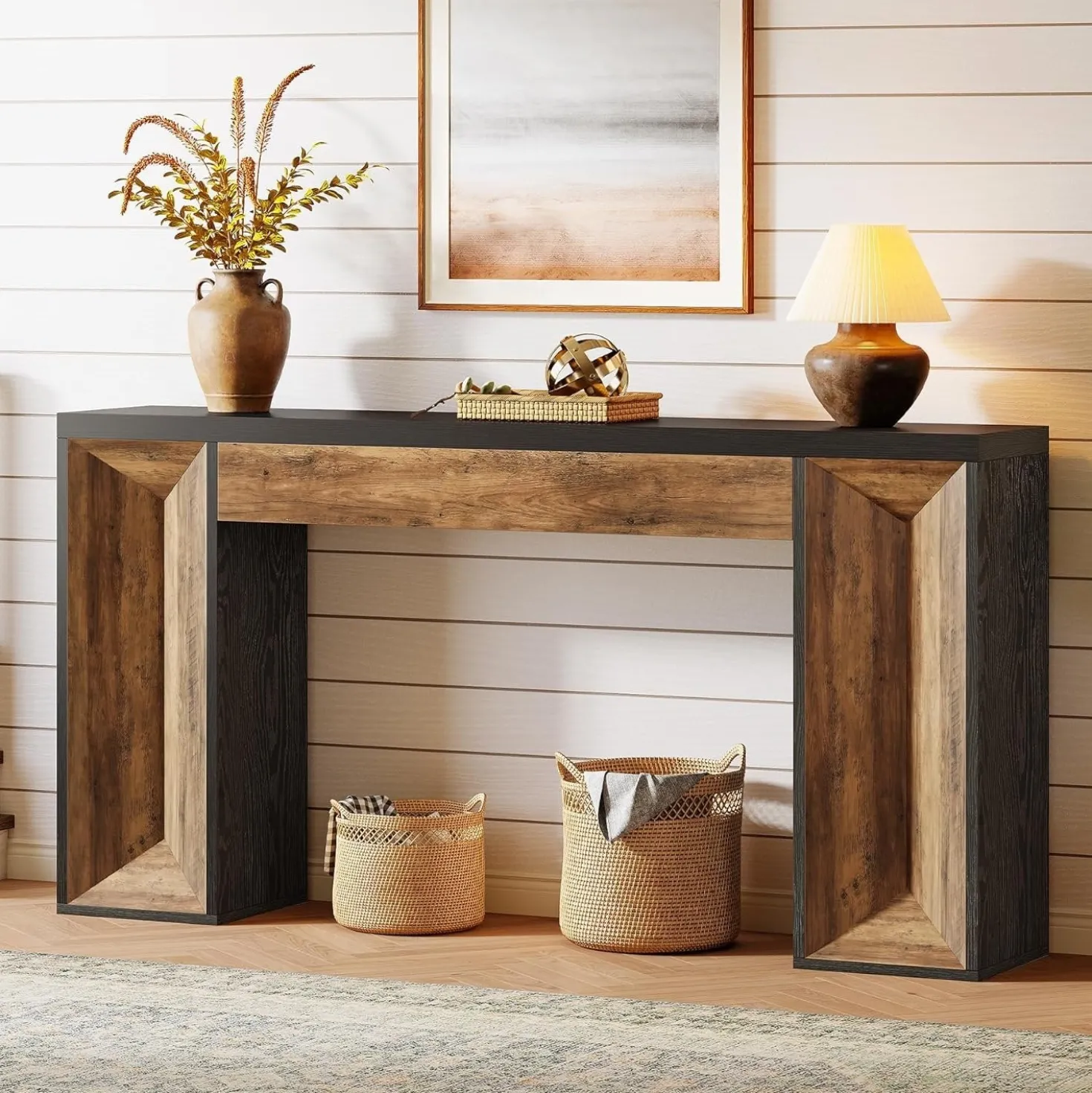 63" Console Table, Farmhouse Entryway Table Sofa Table with Dual-Tone Design
