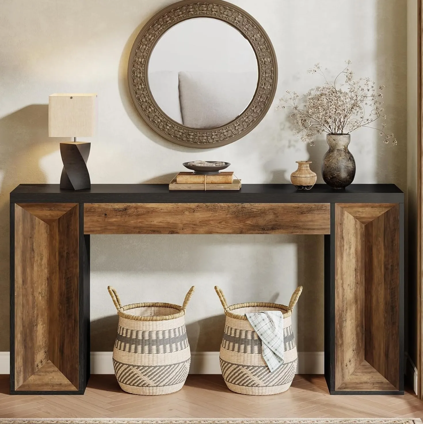 63" Console Table, Farmhouse Entryway Table Sofa Table with Dual-Tone Design