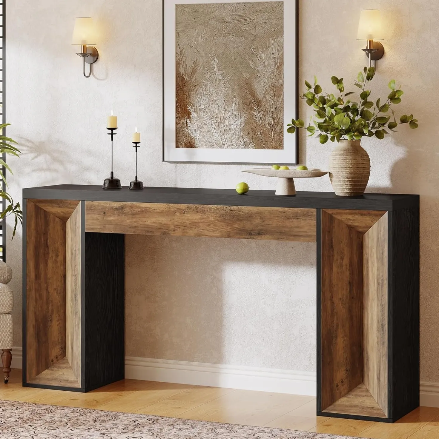 63" Console Table, Farmhouse Entryway Table Sofa Table with Dual-Tone Design