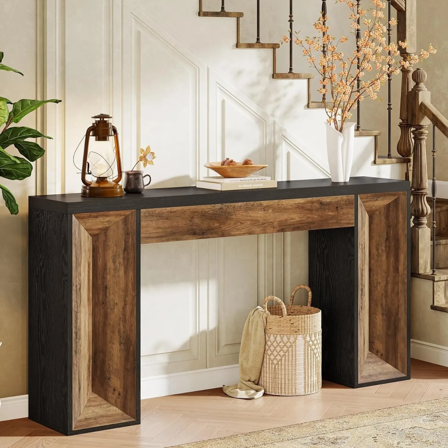 63" Console Table, Farmhouse Entryway Table Sofa Table with Dual-Tone Design