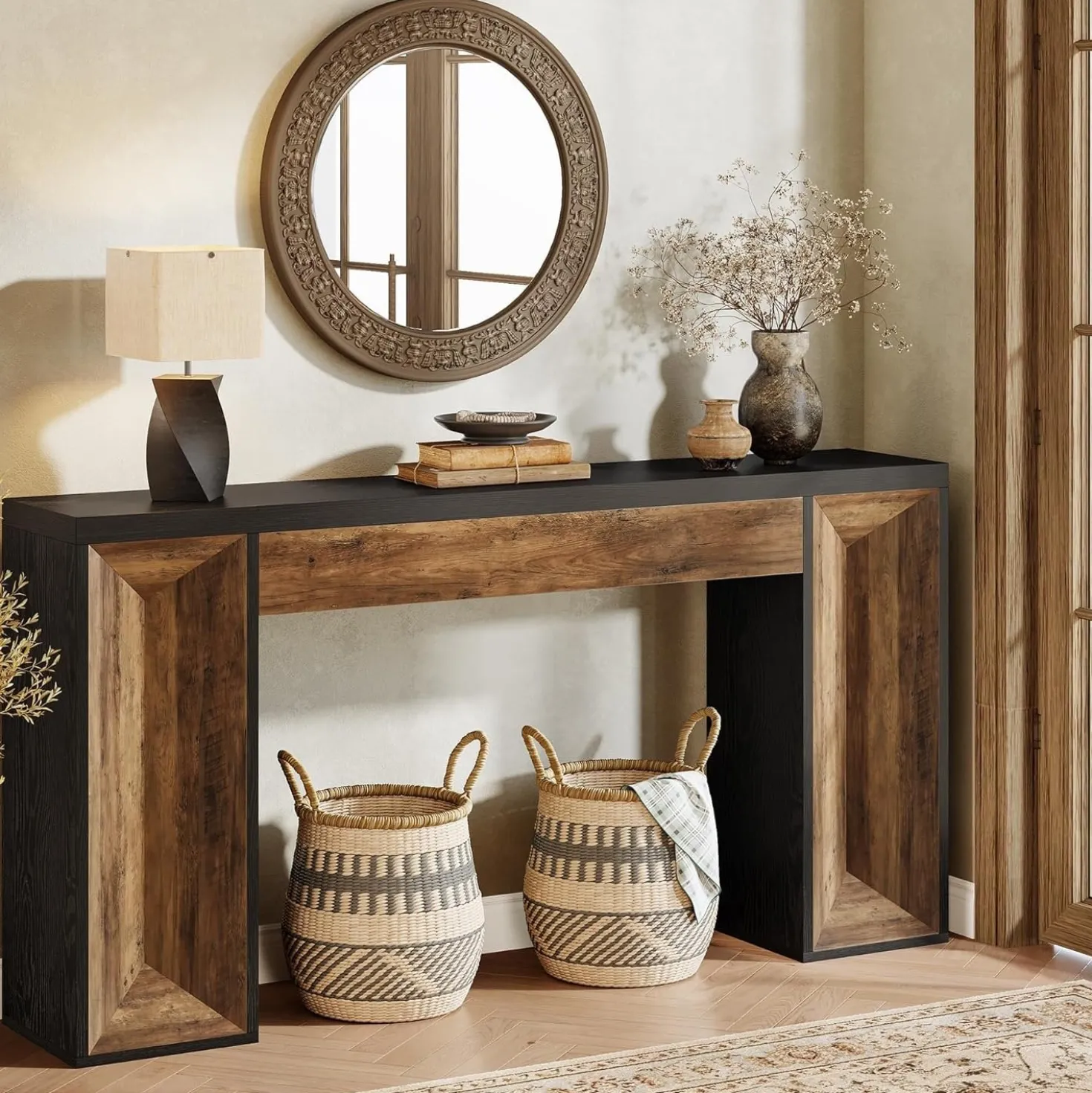63" Console Table, Farmhouse Entryway Table Sofa Table with Dual-Tone Design
