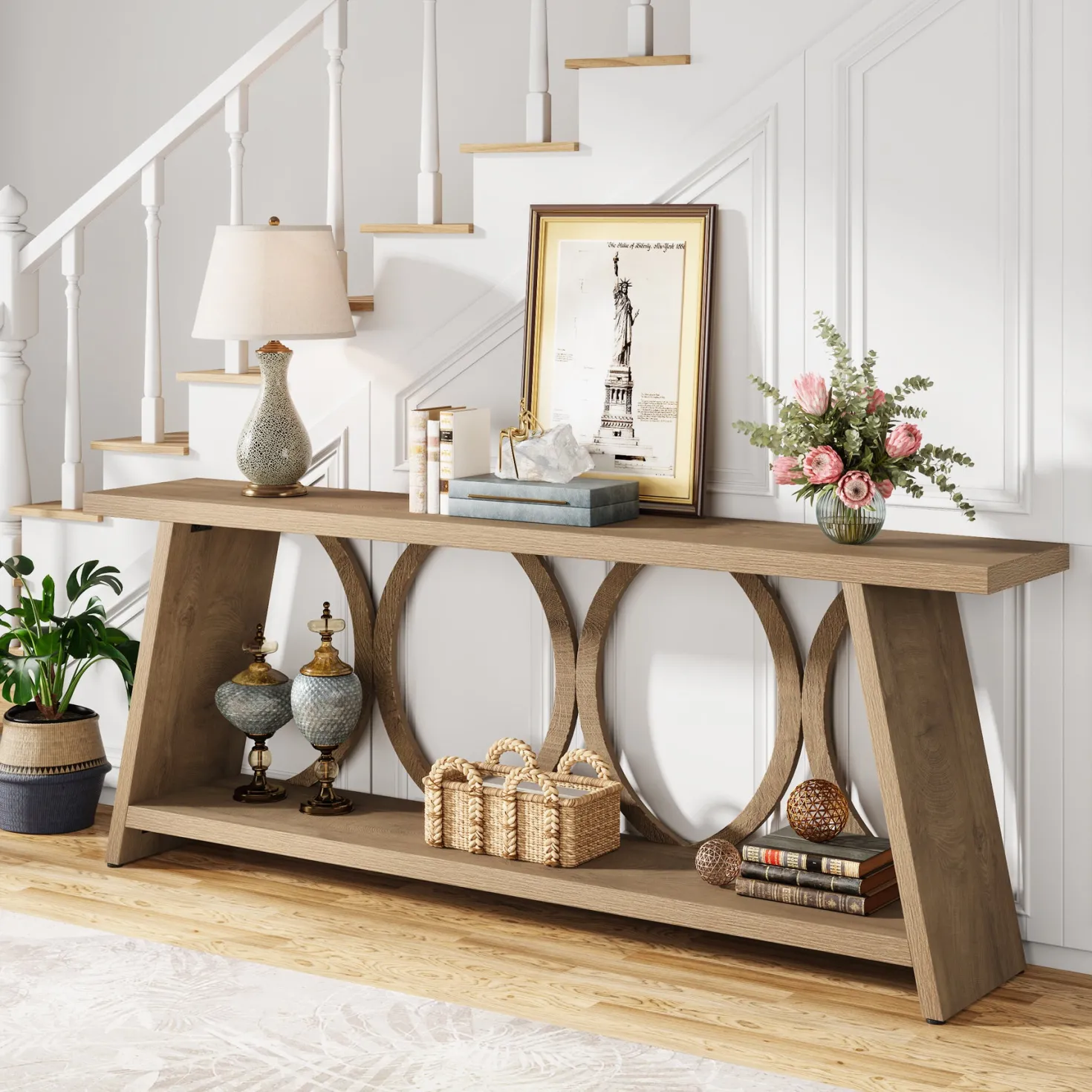 70.9" Console Table, Farmhouse Sofa Table Hallway Accent Table with 2 Tier Shelf