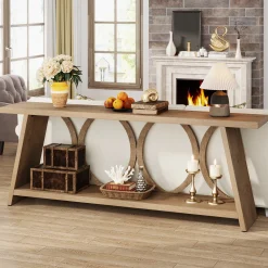 70.9" Console Table, Farmhouse Sofa Table Hallway Accent Table with 2 Tier Shelf