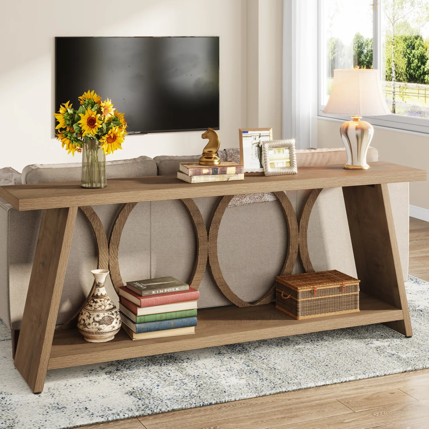 70.9" Console Table, Farmhouse Sofa Table Hallway Accent Table with 2 Tier Shelf