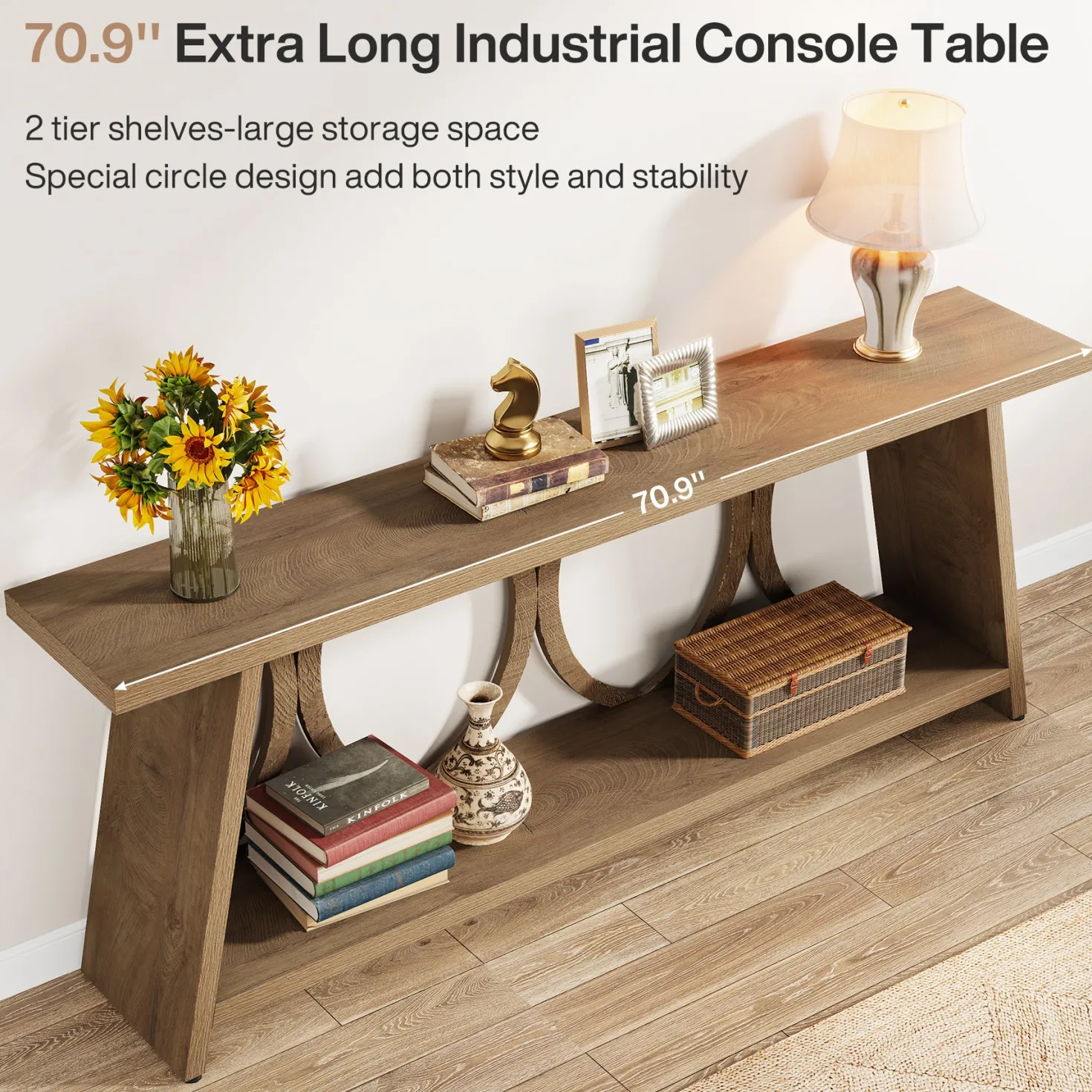70.9" Console Table, Farmhouse Sofa Table Hallway Accent Table with 2 Tier Shelf