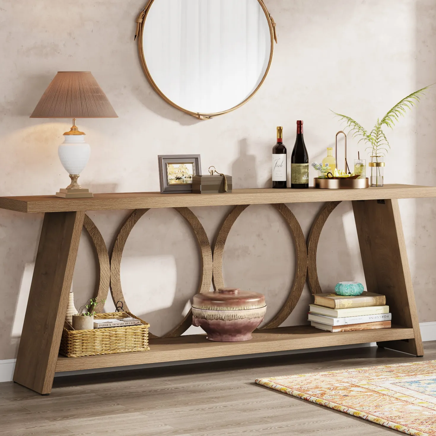70.9" Console Table, Farmhouse Sofa Table Hallway Accent Table with 2 Tier Shelf