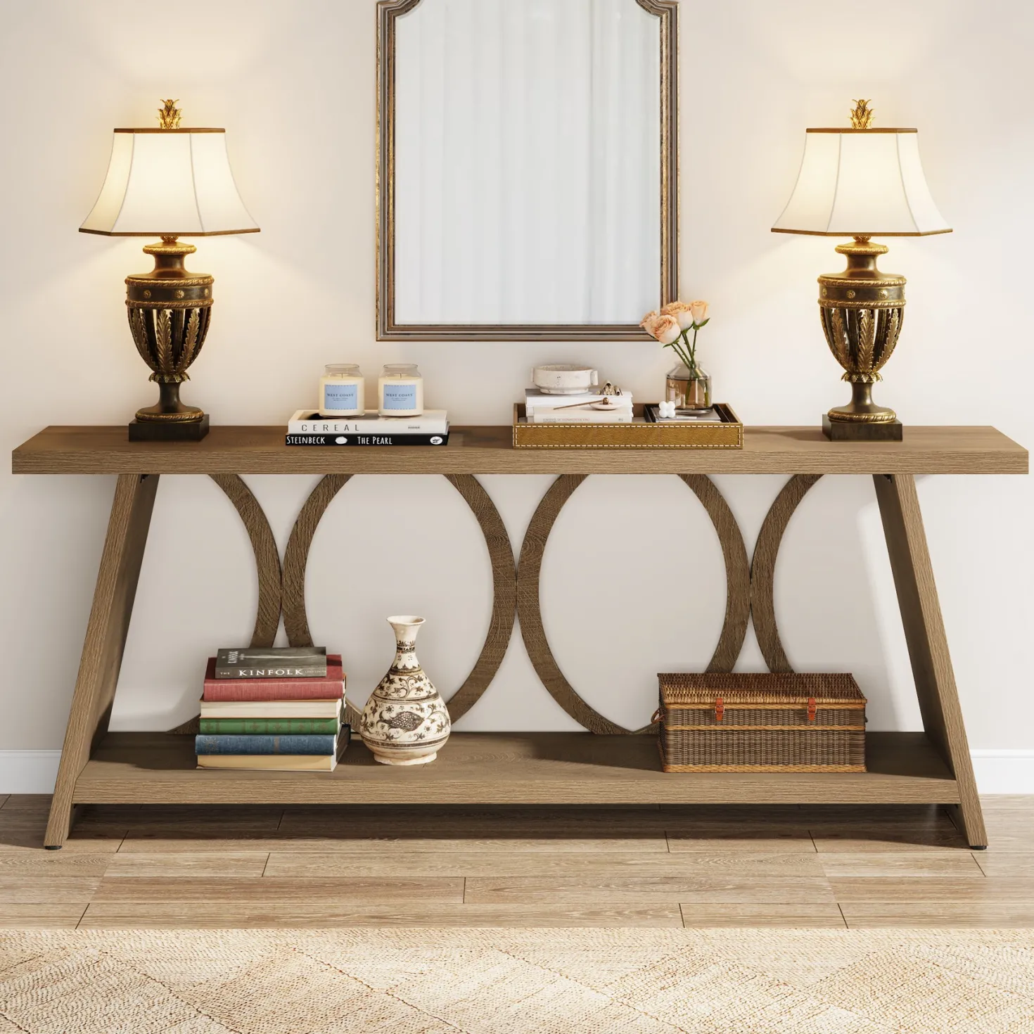 70.9" Console Table, Farmhouse Sofa Table Hallway Accent Table with 2 Tier Shelf