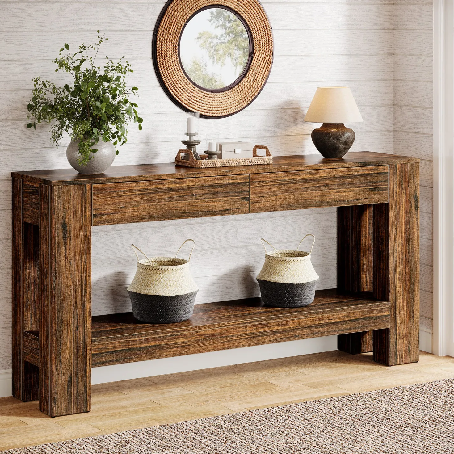 63" Console Table, Farmhouse Wooden Sofa Entryway Table with 2 Drawers