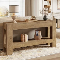 63" Console Table, Farmhouse Wooden Sofa Entryway Table with 2 Drawers
