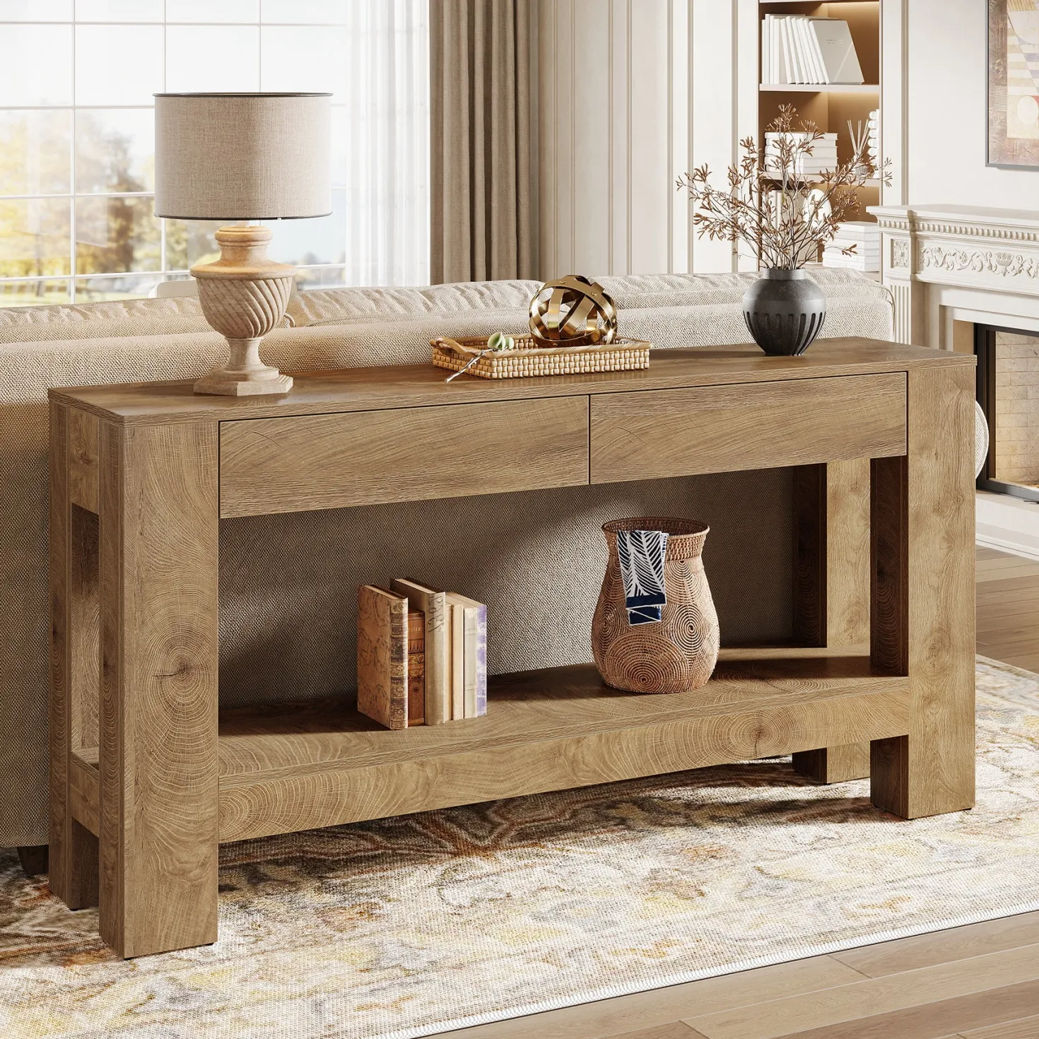 63" Console Table, Farmhouse Wooden Sofa Entryway Table with 2 Drawers