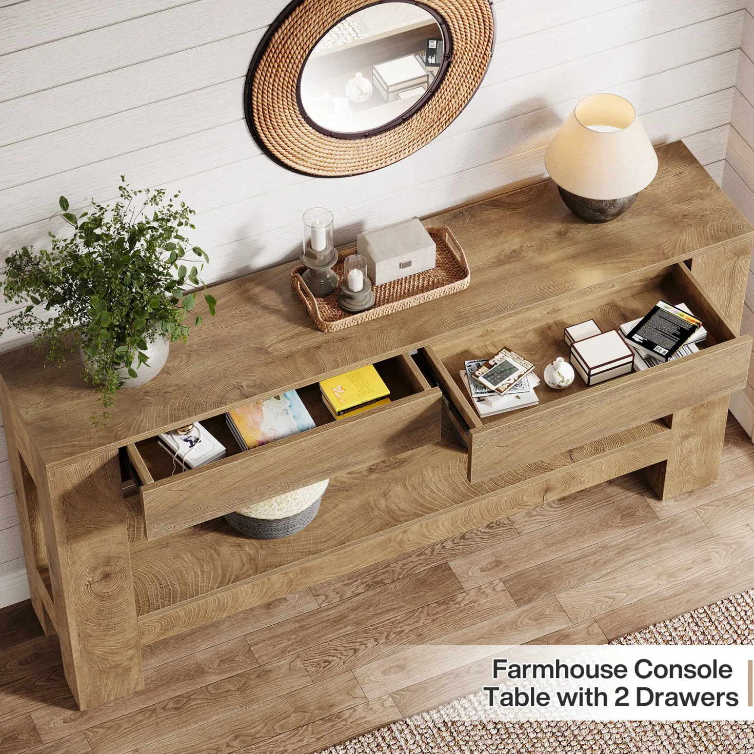 63" Console Table, Farmhouse Wooden Sofa Entryway Table with 2 Drawers
