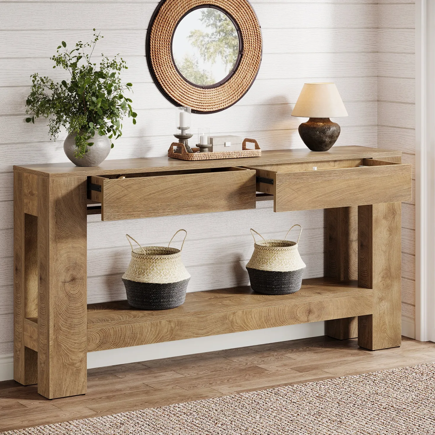 63" Console Table, Farmhouse Wooden Sofa Entryway Table with 2 Drawers